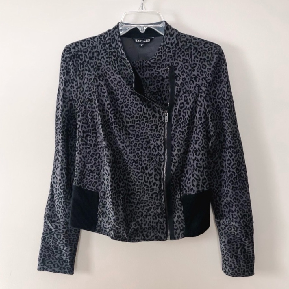 Express Vintage Y2K Grey Black Fall Bomber Jacket Leopard Print Women’s Size XS